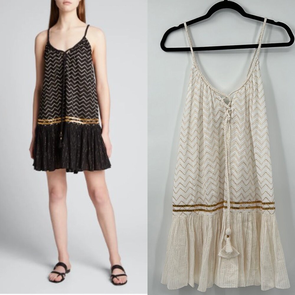 Ramy Brook Coverup. Zigzag Spaghetti Strap Mini Dress in Cream with Gold Trim